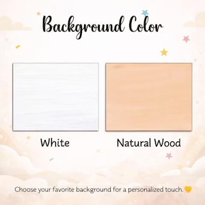 Puede incluir: Una pantalla gr&aacute;fica que muestra dos opciones de color de fondo rectangulares etiquetadas como Background Color. El rect&aacute;ngulo izquierdo es blanco con textura de veta de madera etiquetado White, y el derecho es color madera natural etiquetado Natural Wood.