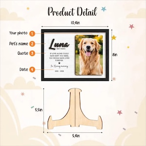 Puede incluir: Un marco negro rectangular de 26,4 cm por 20,3 cm que contiene una foto de un golden retriever, el nombre Luna y el texto If love alone could have kept you here, you would have lived forever. Incluye un soporte de madera de 14 cm por 13,7 cm.