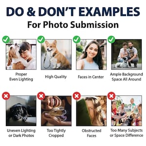 Puede incluir: Un gr&aacute;fico instructivo titulado DO & DON'T EXAMPLES For Photo Submission. Contiene ocho paneles cuadrados con marcas de verificaci&oacute;n verdes para ejemplos correctos y cruces rojas para los incorrectos, ilustrando iluminaci&oacute;n, calidad y encuadre.