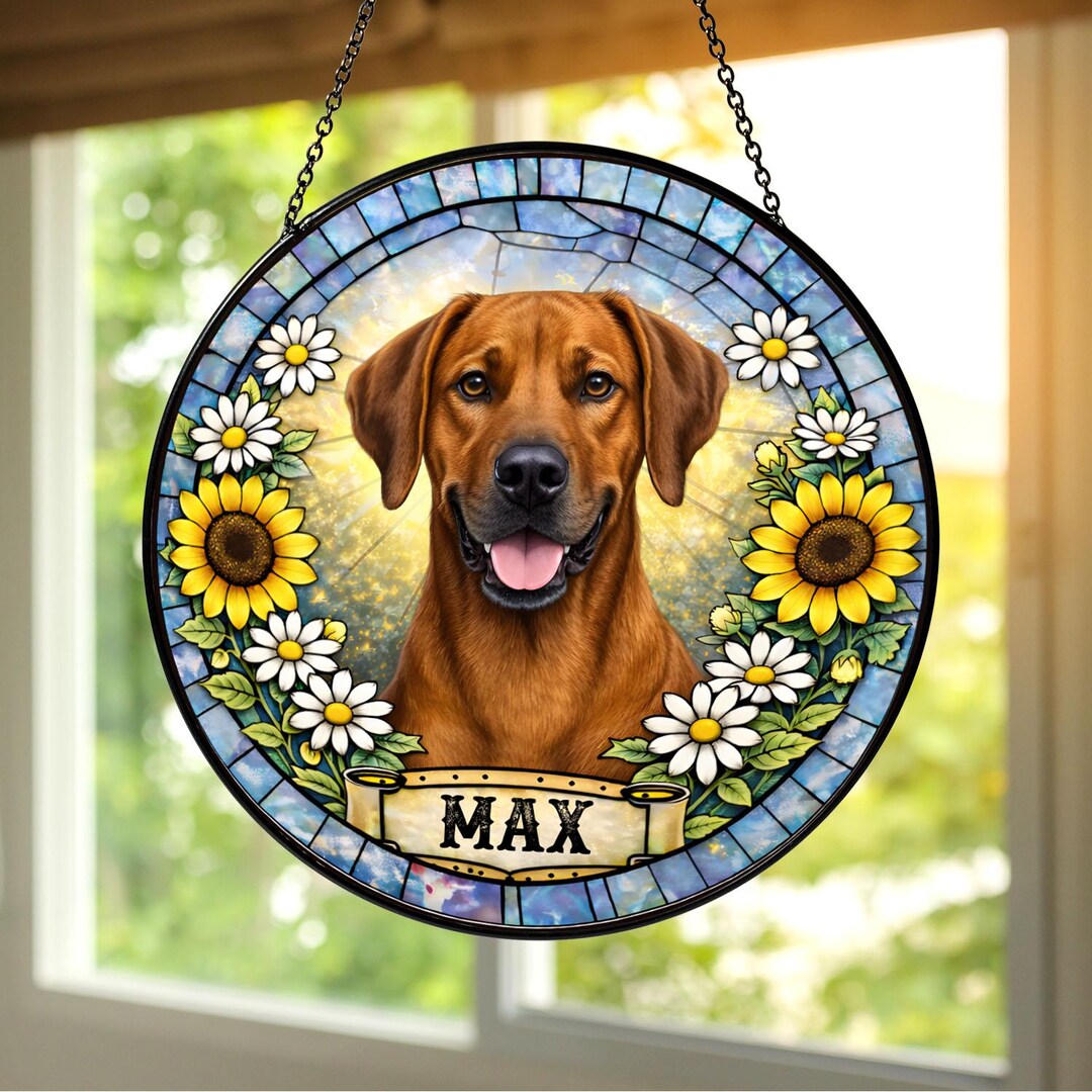 Stained Glass Pattern Rhodesian Ridgeback Rhodesian Ridgeback Personalized Suncatcher, Custom Dog Photo Window ...