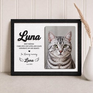 Puede incluir: Un marco de pared conmemorativo negro que presenta el retrato de un gato atigrado plateado. El texto dice: Luna, BEST FRIENDS COME INTO OUR LIVES AND LEAVE PAWPRINTS ON OUR HEARTS, In Loving memory, Luna, June 2024, con dos peque&ntilde;as alas de &aacute;ngel.