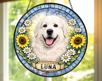 Personalized Great Pyrenees Stained Glass Suncatcher, Custom Dog Window Hanging, Great Pyrenees Dog Lover Gift, Pet Memorial Sun Catcher