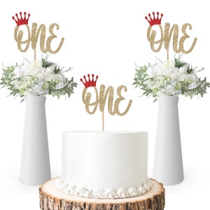 One Cake Topper with Crown  (Set of 3) / First Birthday Centerpieces / Glitter One Birthday Centerpieces / 1st Birthday Party Decorations