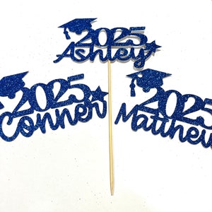 3 Glitter Personalized Graduation 2025 Cap Cutouts for Centerpieces or Cake Toppers for all grad party decor/decorations.