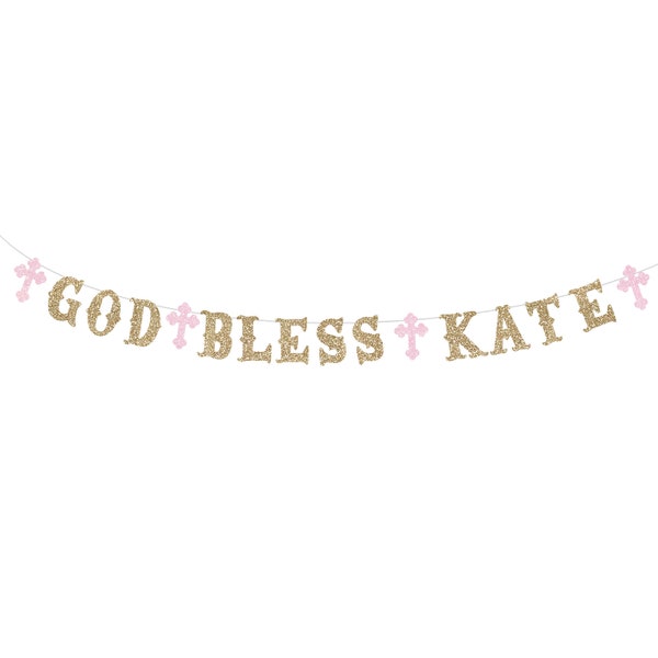 Personalized Pink God Bless Banner // Baptism // Christening // Religious // Boy // Girl // 5 inches // White