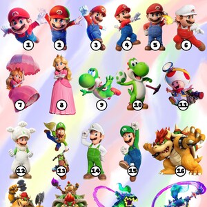 May include: A colorful image featuring various characters from a popular video game franchise. The characters are numbered and include Mario, Luigi, Princess Peach, Yoshi, and Bowser. The text "CHARACTERS OPTION" is at the top.