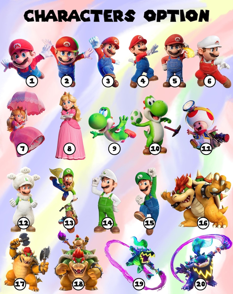 May include: A colorful image featuring various characters from a popular video game franchise. The characters are numbered and include Mario, Luigi, Princess Peach, Yoshi, and Bowser. The text "CHARACTERS OPTION" is at the top.