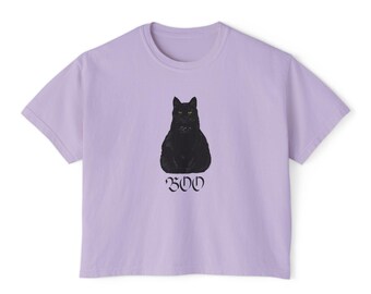 Black Cat Illustration Women's Boxy Tee, Gothic Cat Art, Boo Script