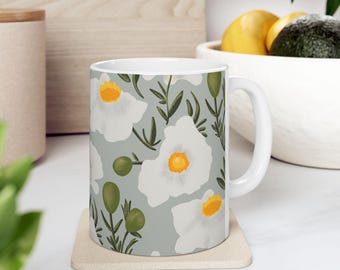 California Matilija Poppies Mug | Ceramic Botanical Illustration, Native Romneya coulteri