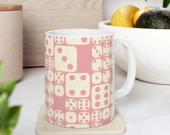 Pink & Cream Dice Design Ceramic Mug | Casino Game Night Dominoes Craps