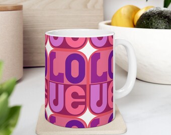 LOVE typography Ceramic Mug | Vibrant colorful lettering, 11oz
