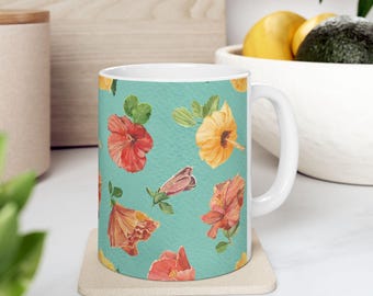 Watercolor Hibiscus Flowers Ceramic Mug | Tropical Floral Coffee Cup