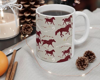 Wild Horses Running in Snow Ceramic Mug | Berries, Golden Stars