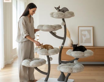 Modern Cat Tree Tower Wooden Cat Furniture Multi Level Climber Condo Activity Center Indoor Kitten Playground Pet Gift Grey Home Decor Stand