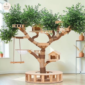 May include: A large cat tree designed to resemble a natural tree, with multiple platforms, a swing, and small wooden houses. The tree is decorated with artificial green leaves and has a circular base. The trunk is wrapped in rope.