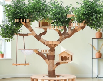 Solid Wood Cat Tree, Cat Climbing Frame, Cat Scratch Post, Cat Tower, Indoor Cat Furniture, Cat Nest, Cat Play Tower for Indoor Cats Deluxe!