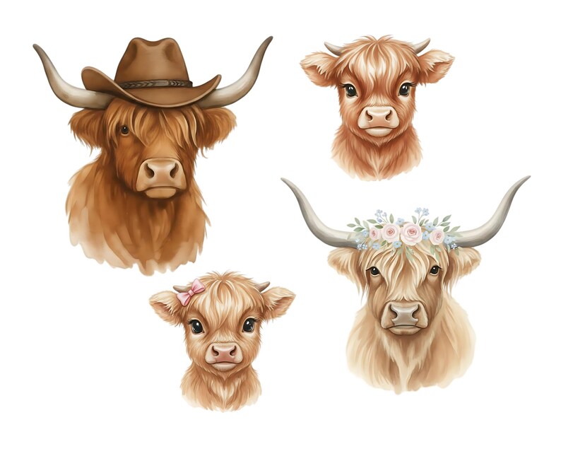 Watercolor Highland Cow Family PNG Bundle | Baby Cow Clipart |cow ...