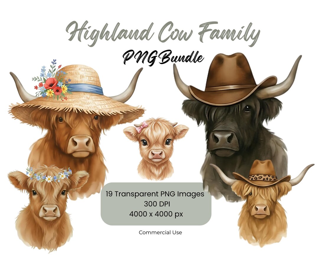 Watercolor Highland Cow Family PNG Bundle | Baby Cow Clipart |cow ...