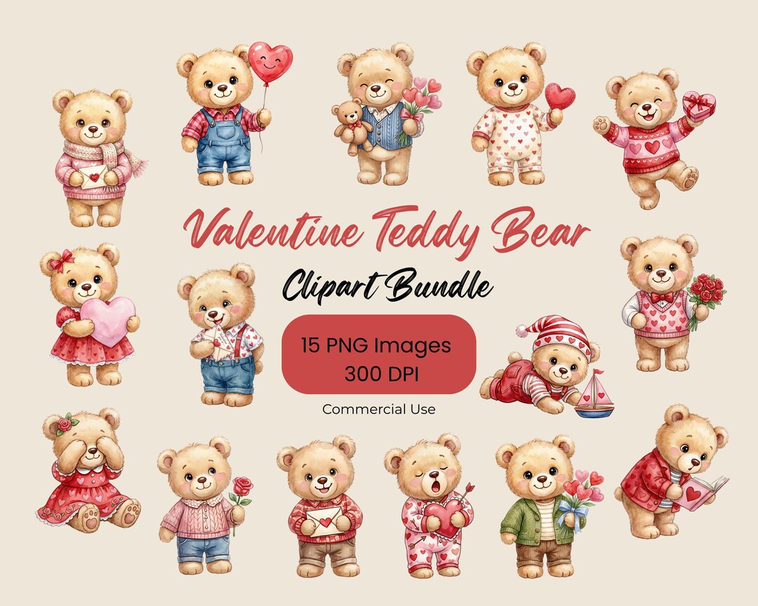 Valentine Teddy Bear Clipart Bundle – Watercolor PNG Set (15) - Etsy