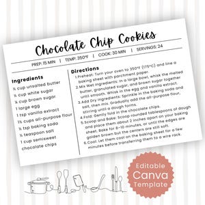 May include: A white recipe card titled Chocolate Chip Cookies with black text listing ingredients and six numbered directions. The card includes prep time, temperature, cook time, and servings. A pink scalloped circle reads Editable Canva Template.