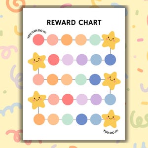 Puede incluir: Un gráfico de recompensas blanco con las palabras "REWARD CHART" en la parte superior. El gráfico presenta un camino de círculos coloridos y gráficos de estrellas sonrientes. El texto en la parte superior dice "YOU CAN DO IT!" y en la parte inferior "YOU DID IT!"