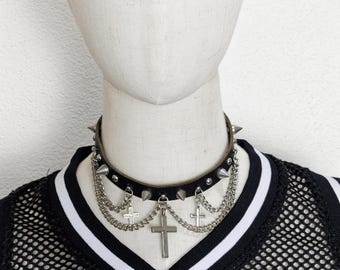 Y2k Edgy Goth Schwarz Kunstleder Choker Halskette Baumeln Ketten Punk Killer Nieten