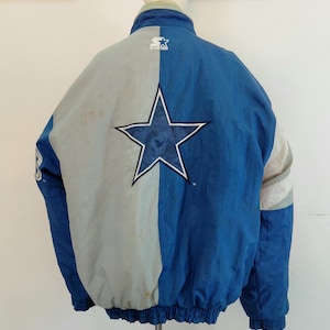 May include: A blue and gray Starter jacket with a large white star logo. The jacket is displayed on a mannequin and features a ribbed hem and cuffs. The Starter logo is visible on the upper back.