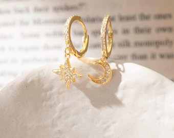 Moon and Star Hoop Earrings,CZ Moon Star Earrings,14K Gold or Silver Moon Hoop Earrings,Star Hoop Earrings,Celestial Jewelry,Gift for Her