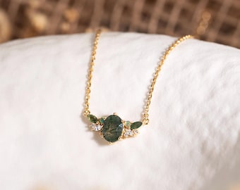 Green Moss Stone Necklace,14K Gold Necklace with Moss Agate,Oval Green Gem Pendant,Dainty Jewelry,Birthday Gift,Gift for Her