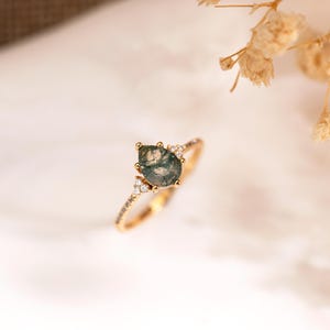 14K Gold Moss Agate Ring,Pear Cut Diamond Ring,Green Cocktail Ring,Unique CZ Jewelry,Christmas Gift,Birthday Gift,Perfect Gift for Her