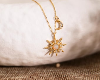 Sun & Moon Opal Necklace,Opal Necklace with Diamond,Star Moon CZ Pendant,Gold or Silver Opal Necklace,Birthday Gift,Gift for Her