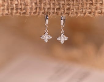 Four Leaf Clover Hoop Earrings, Lucky Earrings,Drop Hoop Earrings,Silver or Gold Earrings,Christmas Gifts,Perfect Gift for Her