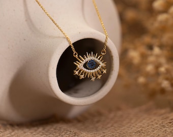14K Gold Evil Eye Necklace,Evil Eye Pave Necklace,Protector Necklace with Diamond,Blue "Devil's Eye" Necklace,Unique Gift for her