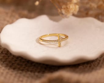 14k Gold Cross Ring,Diamond Cross Ring,Cubic Zirconia Hoop Rings,Christian Jewelry,Catholic Ring, Religious Ring,Gift for Him Her