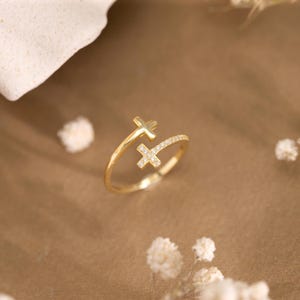 Gulddiamantkorsring, sterlingsilverkorsring, justerbar ring, smycken med kubisk zirkonia, religiös gåva, kristen ring, present till mamma