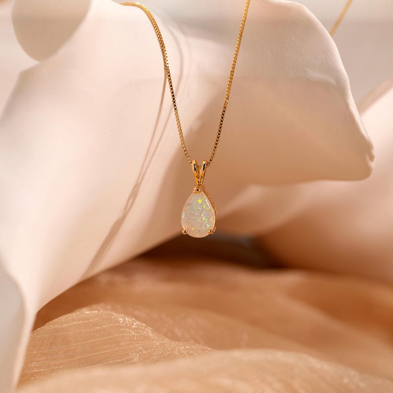 Teardrop White Opal Necklace,14K Gold Opal Pendant,Minimalist October Birthstone Jewelry,Bridesmaid Gift,Dainty Everyday Necklace for Women image 1