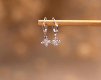 Cross Flower Earrings, Full Diamond Earrings, Four Leaf Clover Hoop Earrings, Lucky Hoop Earrings, Huggie Earrings, Christmas Gift For Her