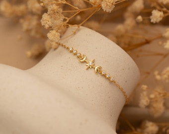 18K Gold Octagonal Star Moon Diamonds Bracelet,CZ Star Bracelet,Diamond Bracelet for Women,Bridesmaid Gift,Birthday Gift for Her