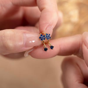 18K Gold Sapphire Flower Earrings,Sterling Silver Hoop Earrings,Blue Flower Dangle Huggies,Minimalist Jewelry,CZ Drop Earrings,Gift for Mom