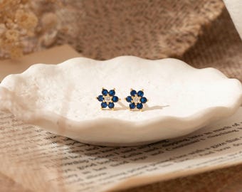 Sapphire Flower Stud Earrings,Tiny Sterling Silver Blue Flower Earrings,CZ Flower Studs,September Birthstone Earrings,Birthday Gift for Her