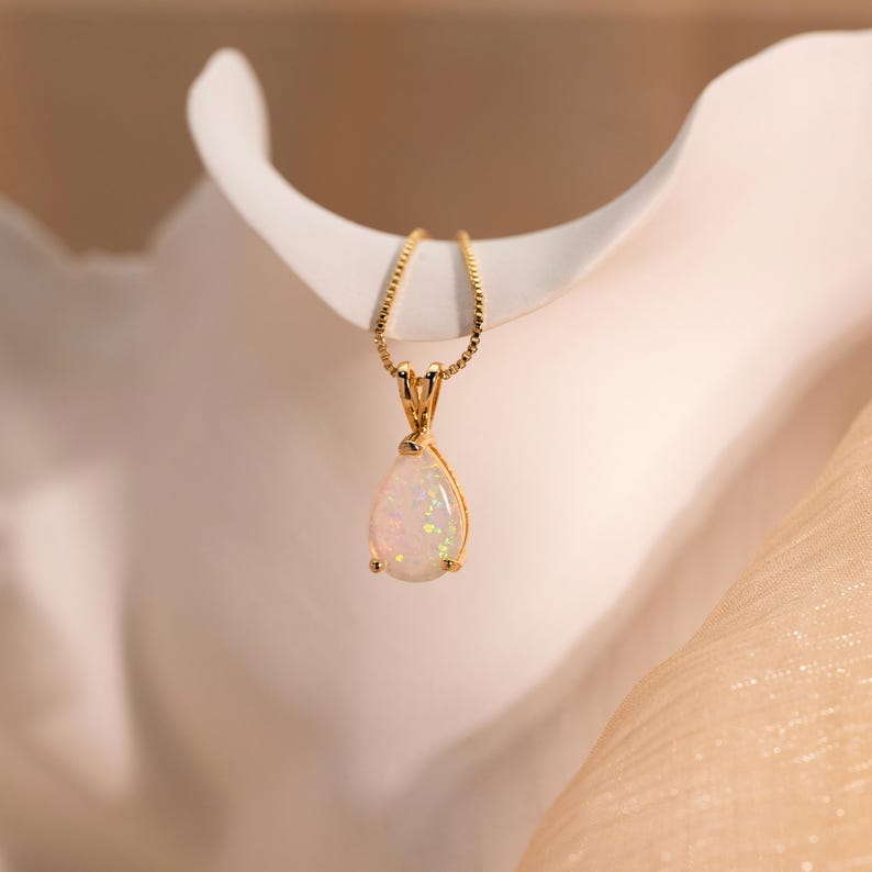 Teardrop White Opal Necklace,14K Gold Opal Pendant,Minimalist October Birthstone Jewelry,Bridesmaid Gift,Dainty Everyday Necklace for Women image 3