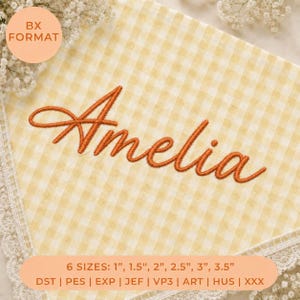 Puede incluir: Un diseño de bordado con el nombre Amelia en fuente cursiva con hilo naranja sobre tela de cuadros vichy amarilla y blanca. El texto incluye BX FORMAT y 6 TAMAÑOS: 2,54 cm, 3,81 cm, 5,08 cm, 6,35 cm, 7,62 cm, 8,89 cm con formatos DST, PES, EXP, JEF, VP3, ART, HUS, XXX.