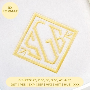 Puede incluir: Un diseño de bordado digital con un monograma amarillo de las letras S y K dentro de un rombo. El texto BX FORMAT es visible en la esquina superior izquierda. El texto inferior enumera 6 tamaños: 2", 2.5", 3", 3.5", 4", 4.5".