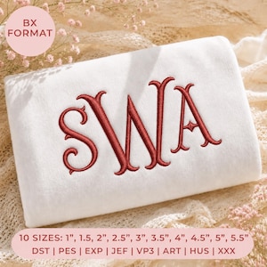 May include: A white fabric swatch featuring the embroidered monogram SWA in a dark red, ornate serif font. The text BX FORMAT appears in a pink circle, and the bottom text lists 10 sizes from 2.54 cm to 13.97 cm and file formats DST, PES, EXP, JEF, VP3, ART, HUS, XXX.