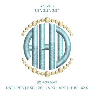May include: An embroidery design featuring the light blue monogram letters AHD enclosed in a circle of small gold beads. Text above reads 3 SIZES 1.5", 2.5", 3.5". Text below reads BX FORMAT followed by DST | PES | EXP | JEF | VP3 | ART | HUS | XXX.