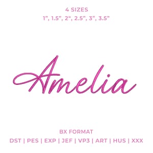 Könnte beinhalten: Der Name Amelia ist in einer leuchtend pinkfarbenen Schreibschrift geschrieben. Über dem Text steht 4 SIZES 2,54 cm, 3,81 cm, 5,08 cm, 6,35 cm, 7,62 cm, 8,89 cm. Unter dem Text steht BX FORMAT gefolgt von DST, PES, EXP, JEF, VP3, ART, HUS, XXX.