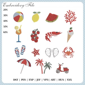 May include: An embroidery file featuring summer-themed designs. Includes a beach ball, lemon, watermelon slice, coral, cocktail, tomatoes, lobster, ice cream cone, flip-flops, starfish, oysters, crab, umbrella, palm trees, and a scooter.