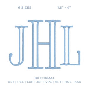 May include: A light blue machine embroidery monogram featuring the letters JHL in a serif font. The text 6 SIZES 1.5" - 4" appears at the top, and BX FORMAT DST | PES | EXP | JEF | VP3 | ART | HUS | XXX is printed at the bottom.