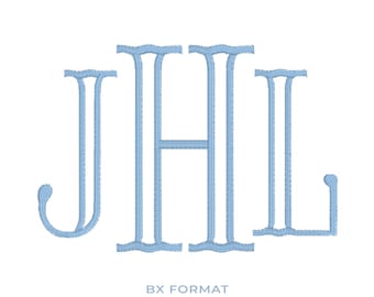 Könnte beinhalten: Ein hellblaues Maschinenstickerei-Monogramm mit den Buchstaben JHL in einer Serifenschrift. Der Text 6 SIZES 1.5" - 4" erscheint oben und BX FORMAT DST | PES | EXP | JEF | VP3 | ART | HUS | XXX steht unten.