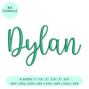 Könnte beinhalten: Ein Stickmuster mit dem Namen Dylan in einer türkisfarbenen Schreibschrift. Das Bild enthält ein kreisförmiges Abzeichen mit der Aufschrift BX FORMAT und ein unteres Etikett mit 6 Größen von 2,54 cm bis 8,89 cm sowie den Formaten DST, PES, EXP, JEF, VP3, ART, HUS, XXX.